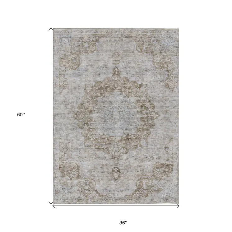 3' X 5' Chocolate Floral Medallion Washable Indoor Outdoor Area Rug