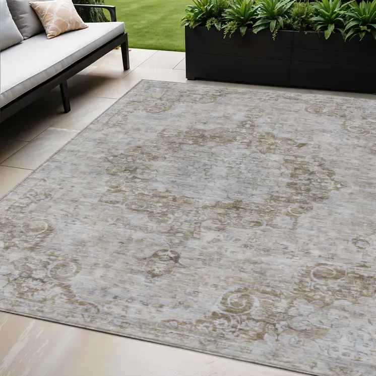 5' X 8' Chocolate Floral Medallion Washable Indoor Outdoor Area Rug