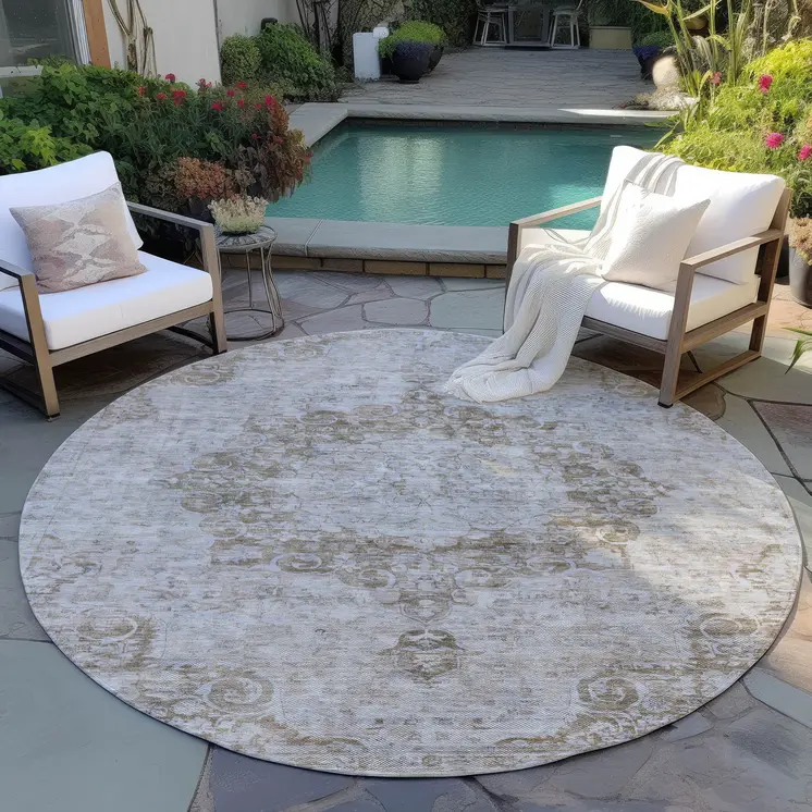 8' Chocolate Round Floral Medallion Washable Indoor Outdoor Area Rug