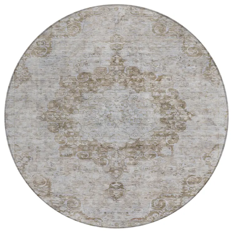 8' Chocolate Round Floral Medallion Washable Indoor Outdoor Area Rug