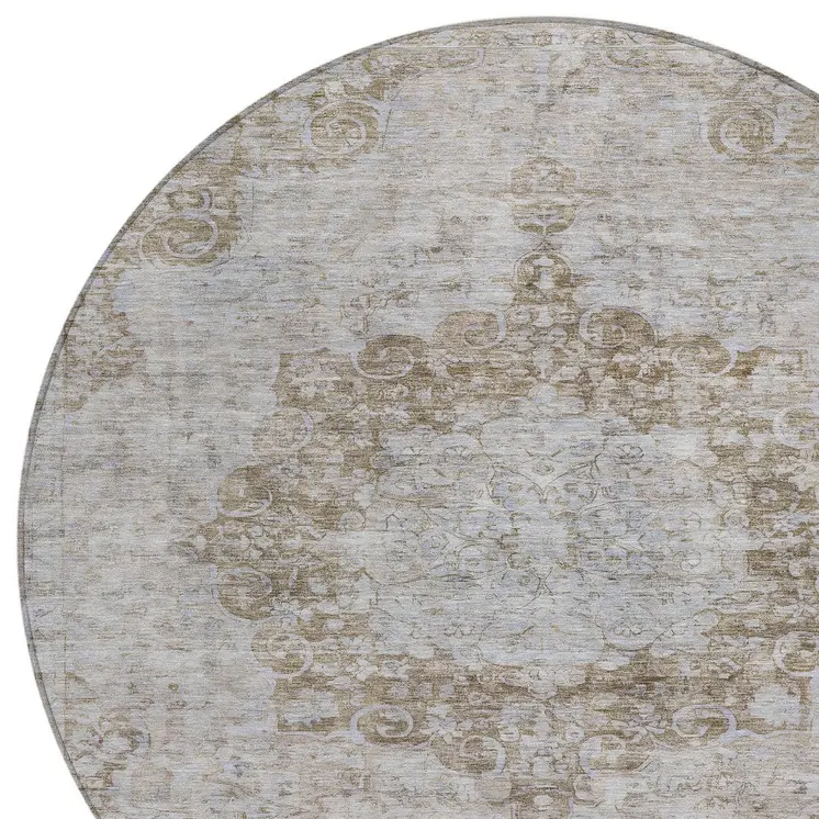 8' Chocolate Round Floral Medallion Washable Indoor Outdoor Area Rug