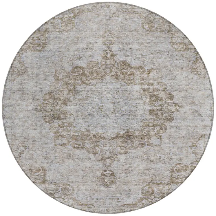 8' Chocolate Round Floral Medallion Washable Indoor Outdoor Area Rug