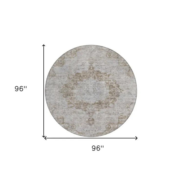 8' Chocolate Round Floral Medallion Washable Indoor Outdoor Area Rug
