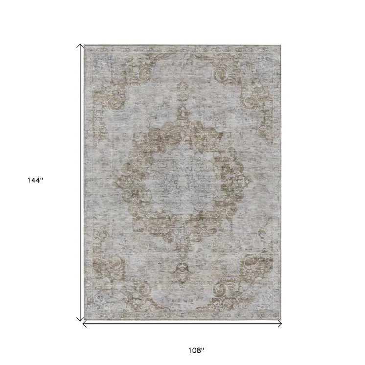 9' X 12' Chocolate Floral Medallion Washable Indoor Outdoor Area Rug