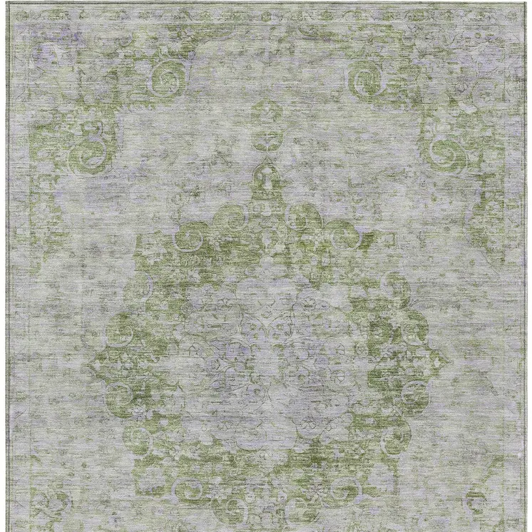 3' X 5' Olive Green Floral Medallion Washable Indoor Outdoor Area Rug