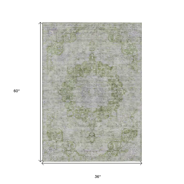3' X 5' Olive Green Floral Medallion Washable Indoor Outdoor Area Rug