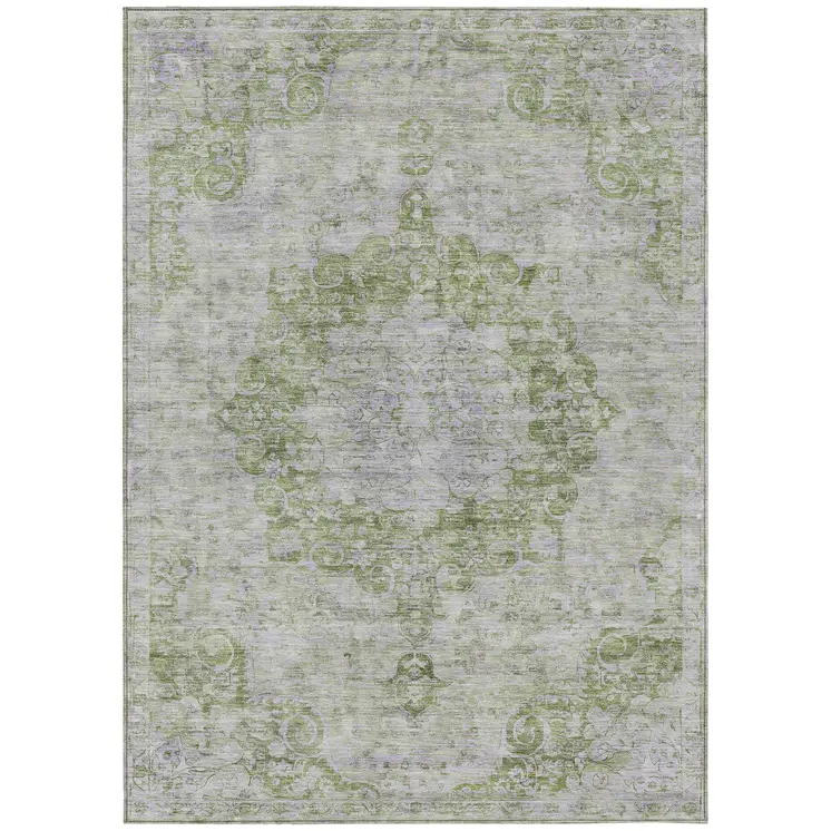 3' X 5' Olive Green Floral Medallion Washable Indoor Outdoor Area Rug