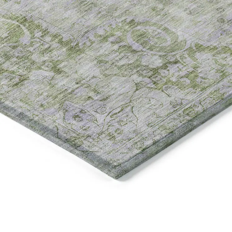 3' X 5' Olive Green Floral Medallion Washable Indoor Outdoor Area Rug