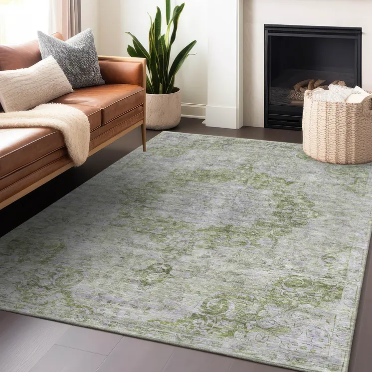 3' X 5' Olive Green Floral Medallion Washable Indoor Outdoor Area Rug