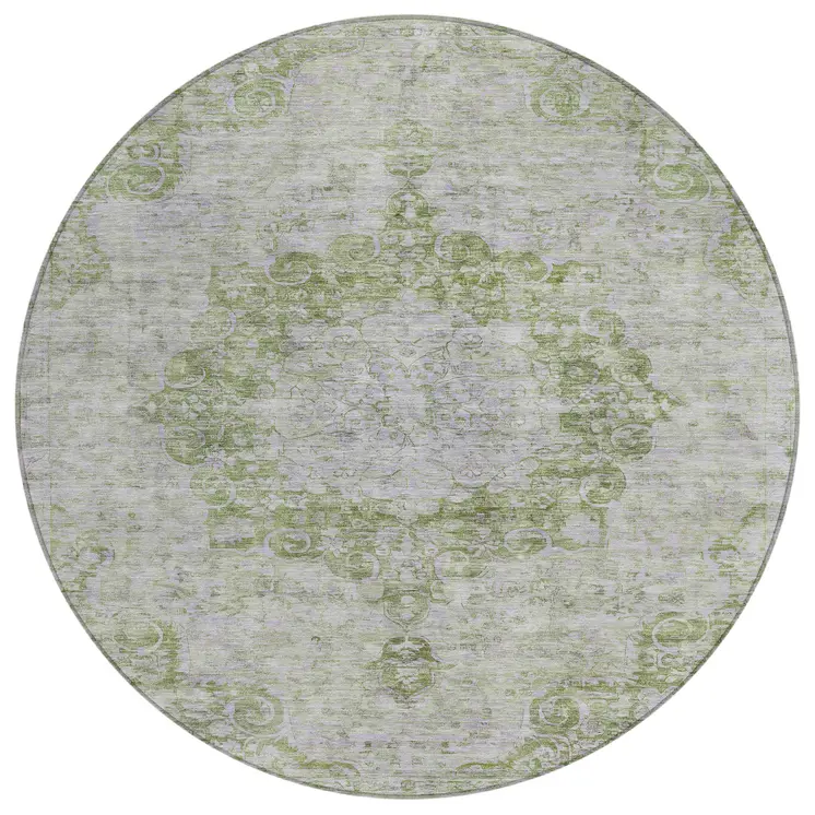 8' Olive Green Round Floral Medallion Washable Indoor Outdoor Area Rug