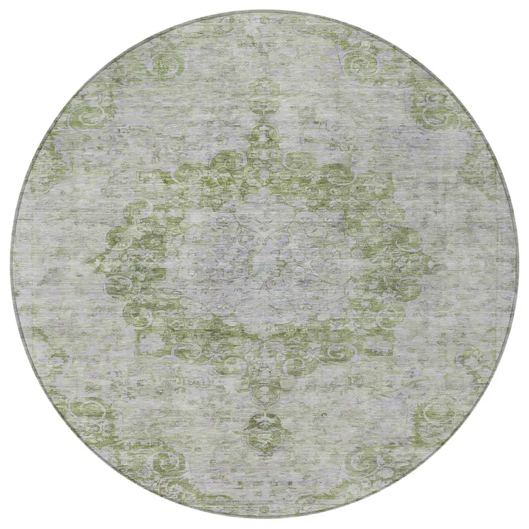 8' Olive Green Round Floral Medallion Washable Indoor Outdoor Area Rug