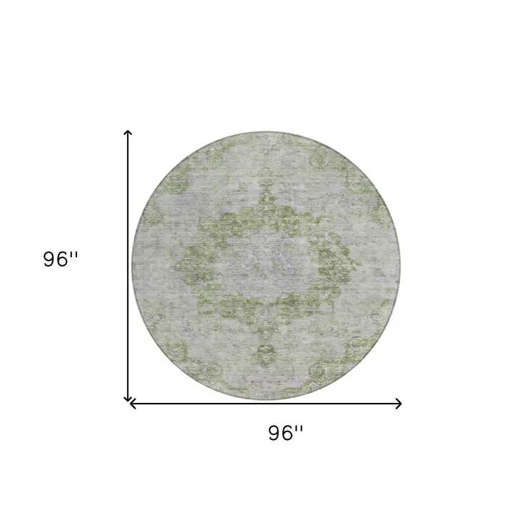 8' Olive Green Round Floral Medallion Washable Indoor Outdoor Area Rug