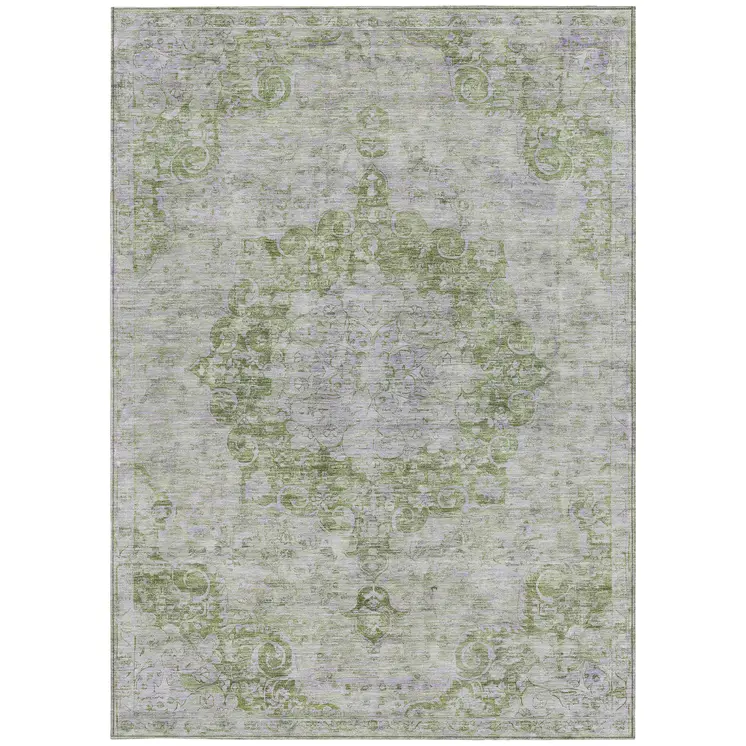 8' X 10' Olive Green Floral Medallion Washable Indoor Outdoor Area Rug