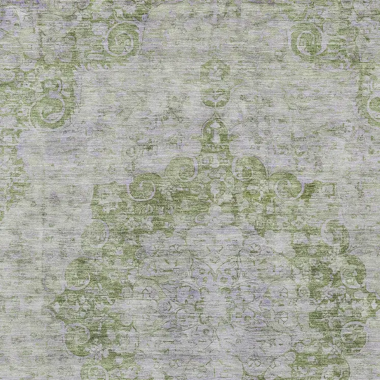 9' X 12' Olive Green Floral Medallion Washable Indoor Outdoor Area Rug