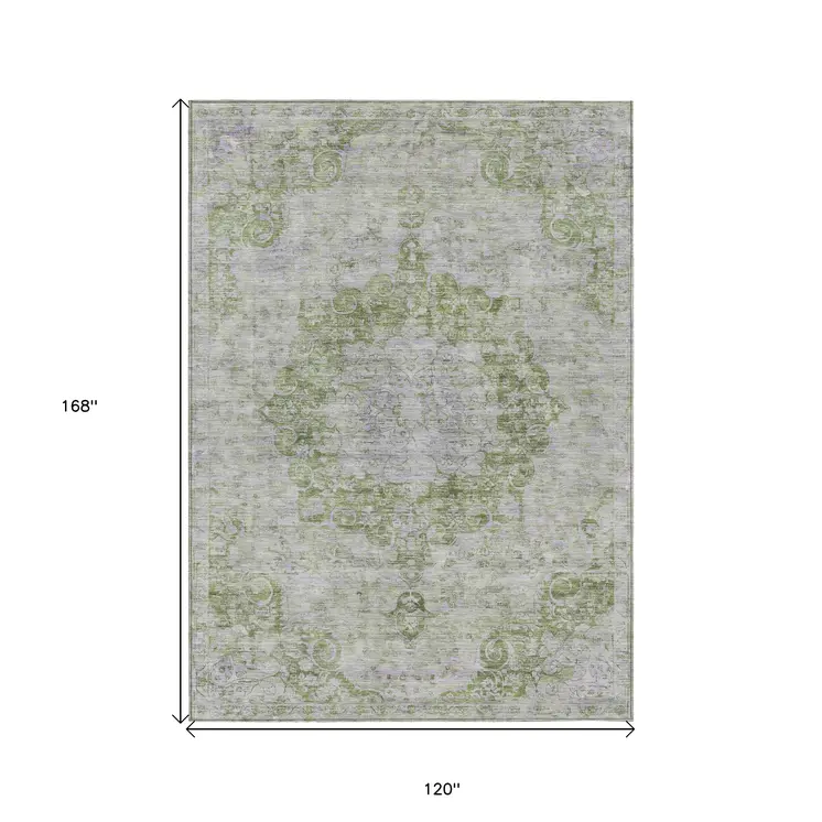 10' X 14' Olive Green Floral Medallion Washable Indoor Outdoor Area Rug