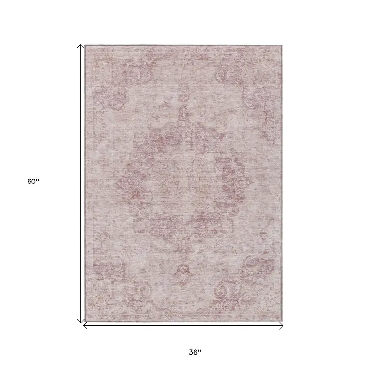 3' X 5' Pink Floral Medallion Washable Indoor Outdoor Area Rug