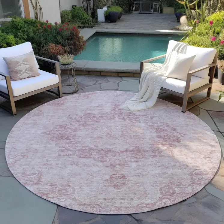 8' Pink Round Floral Medallion Washable Indoor Outdoor Area Rug