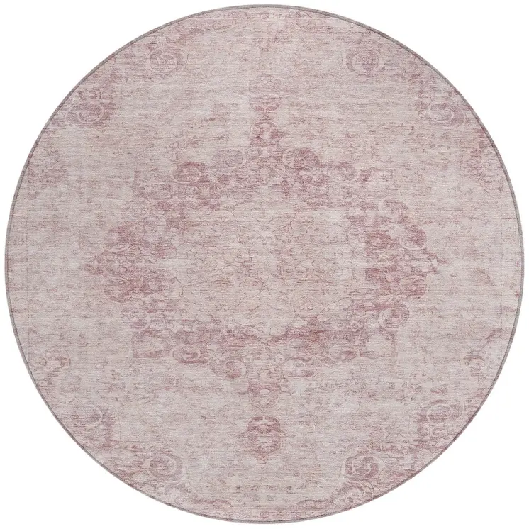 8' Pink Round Floral Medallion Washable Indoor Outdoor Area Rug
