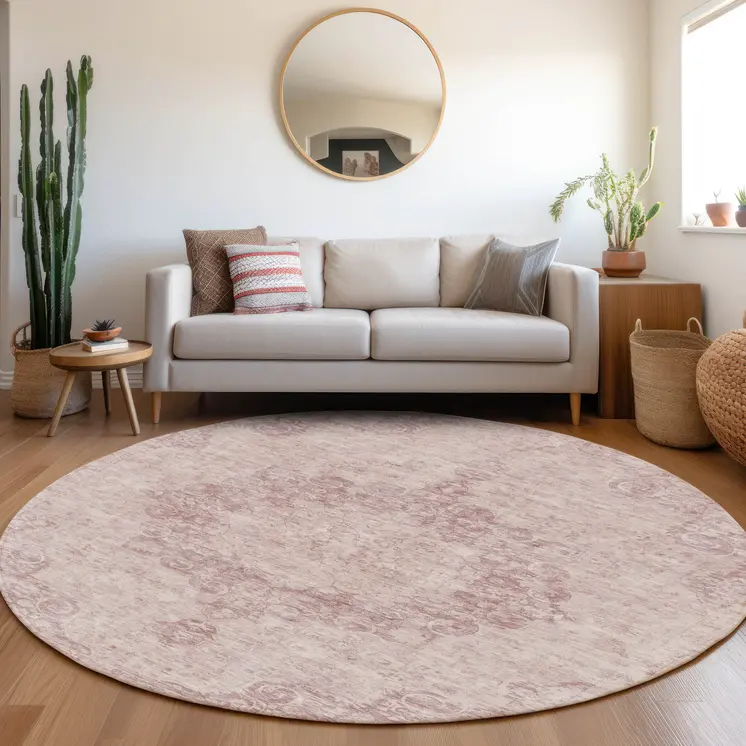 8' Pink Round Floral Medallion Washable Indoor Outdoor Area Rug