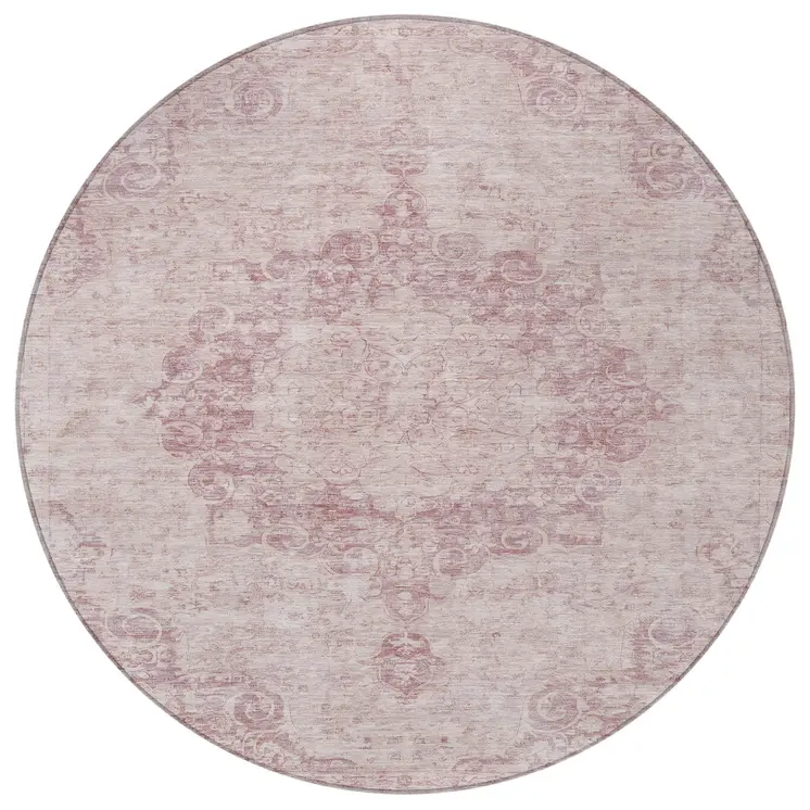 8' Pink Round Floral Medallion Washable Indoor Outdoor Area Rug