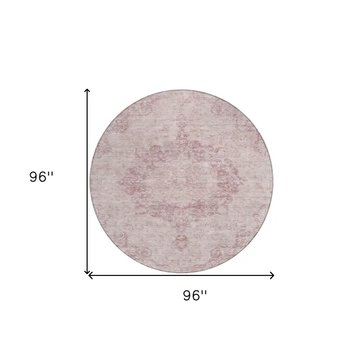 8' Pink Round Floral Medallion Washable Indoor Outdoor Area Rug