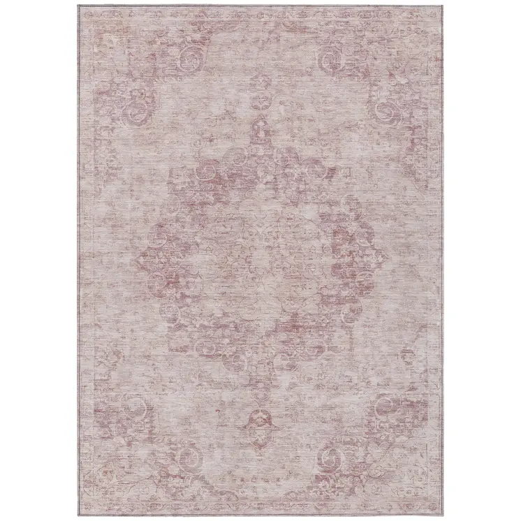8' X 10' Pink Floral Medallion Washable Indoor Outdoor Area Rug