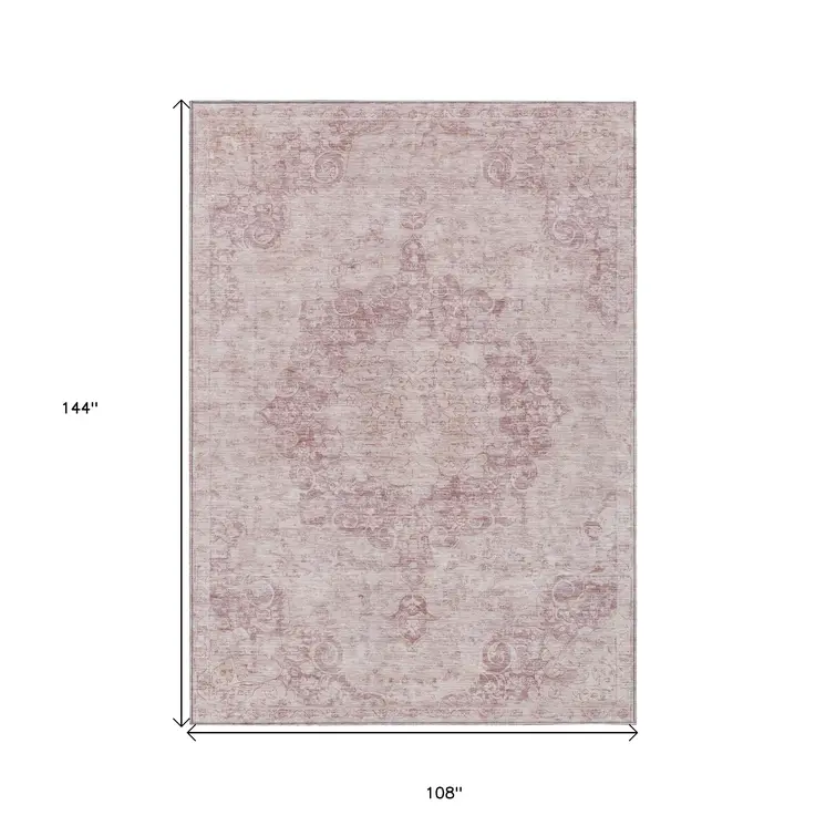 9' X 12' Pink Floral Medallion Washable Indoor Outdoor Area Rug