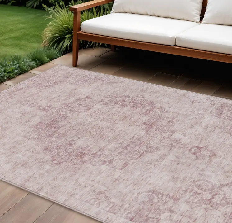9' X 12' Pink Floral Medallion Washable Indoor Outdoor Area Rug