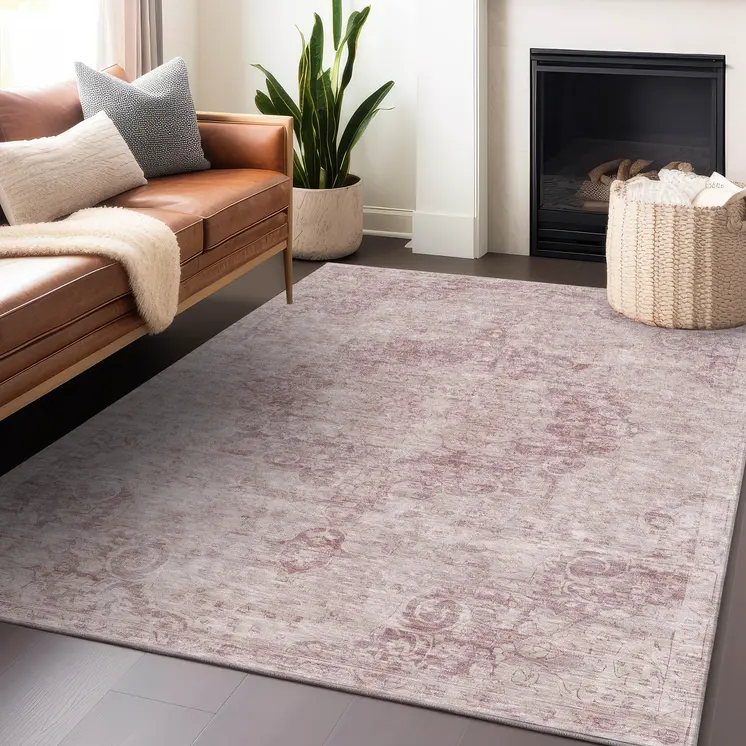 9' X 12' Pink Floral Medallion Washable Indoor Outdoor Area Rug