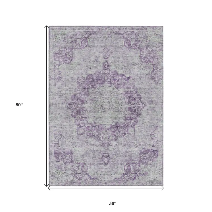 3' X 5' Purple Floral Medallion Washable Indoor Outdoor Area Rug