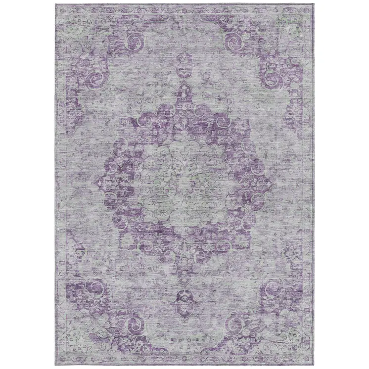 5' X 8' Purple Floral Medallion Washable Indoor Outdoor Area Rug