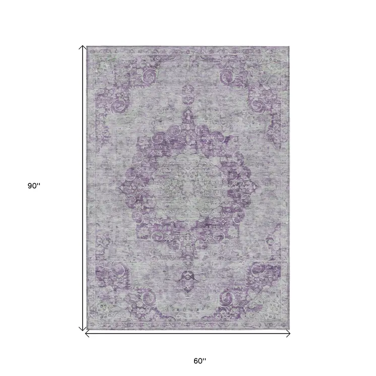 5' X 8' Purple Floral Medallion Washable Indoor Outdoor Area Rug