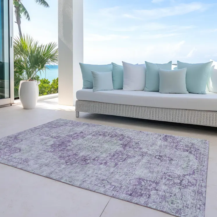 5' X 8' Purple Floral Medallion Washable Indoor Outdoor Area Rug