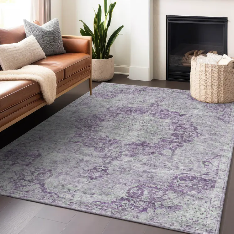 5' X 8' Purple Floral Medallion Washable Indoor Outdoor Area Rug