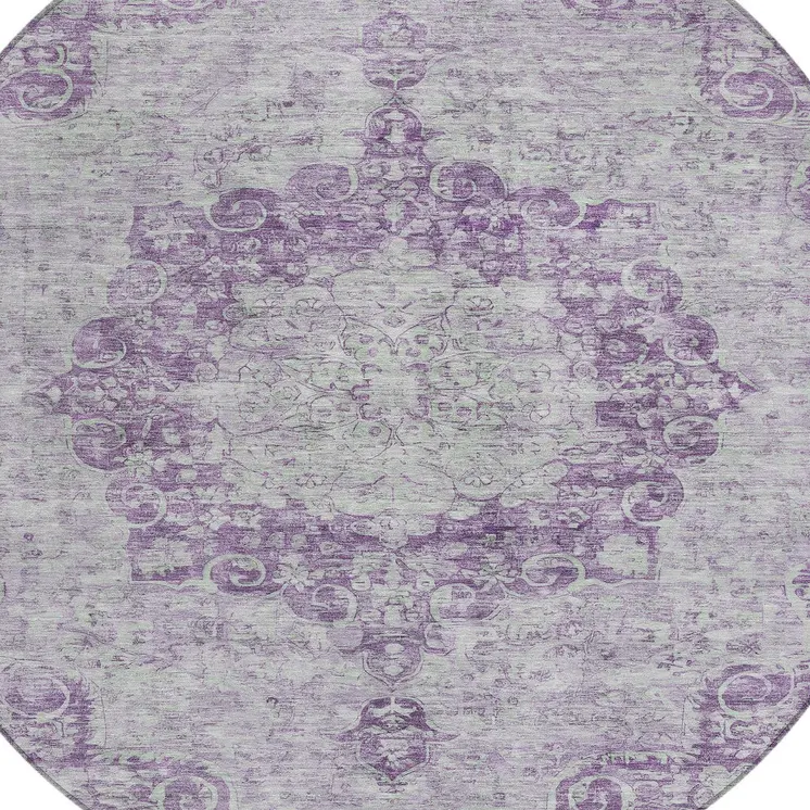 8' Purple Round Floral Medallion Washable Indoor Outdoor Area Rug