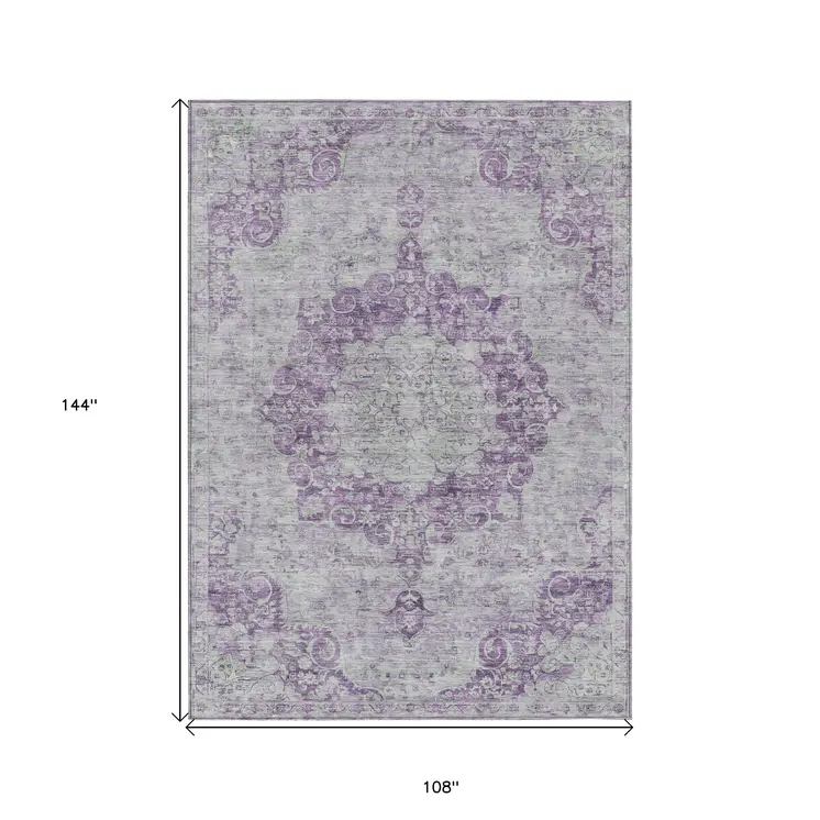 9' X 12' Purple Floral Medallion Washable Indoor Outdoor Area Rug