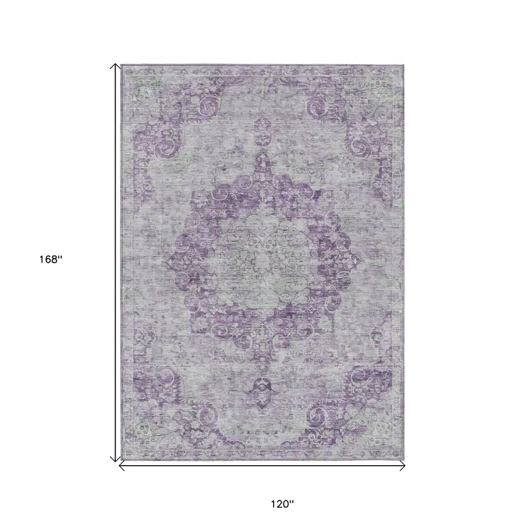 10' X 14' Purple Floral Medallion Washable Indoor Outdoor Area Rug