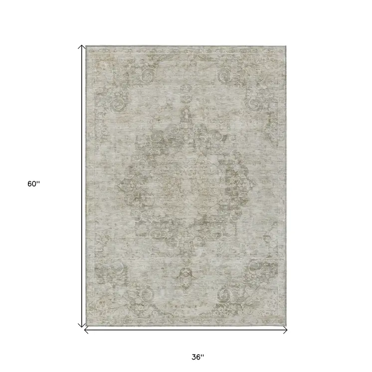 3' X 5' Ivory Floral Medallion Washable Indoor Outdoor Area Rug