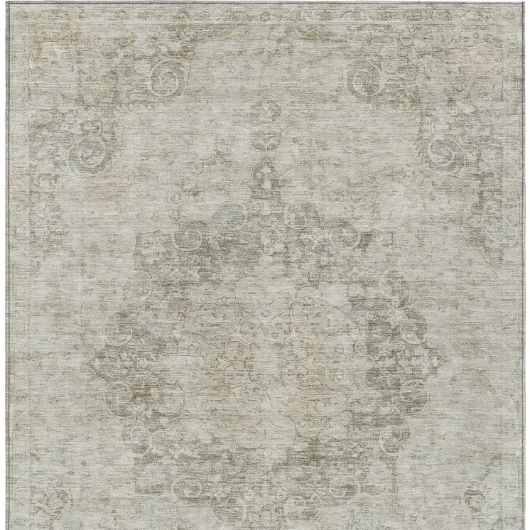 5' X 8' Ivory Floral Medallion Washable Indoor Outdoor Area Rug