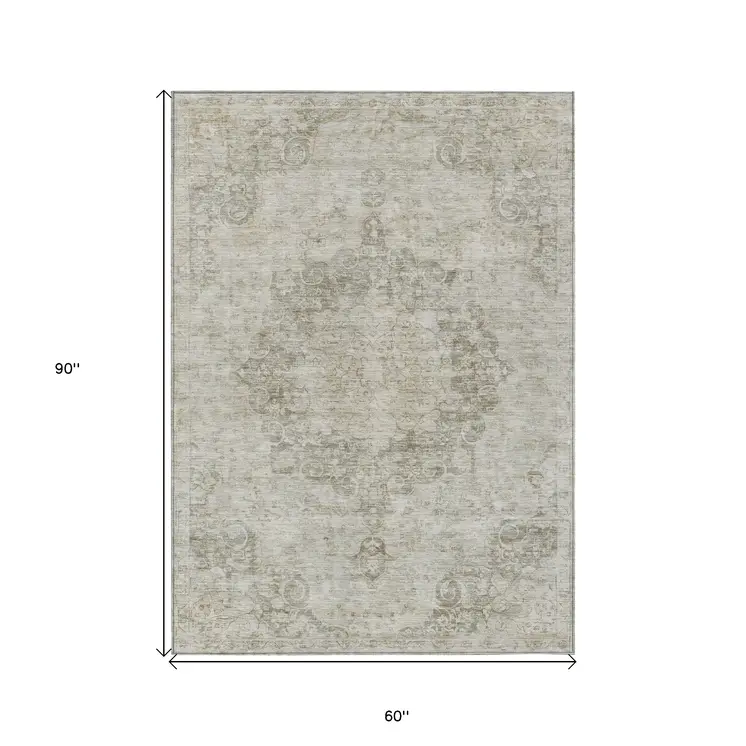 5' X 8' Ivory Floral Medallion Washable Indoor Outdoor Area Rug