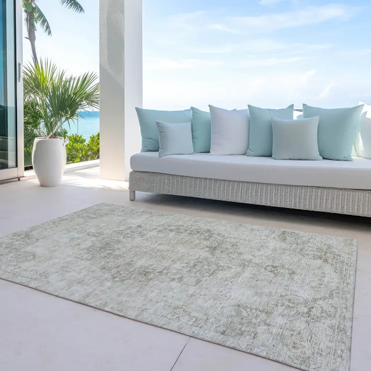 5' X 8' Ivory Floral Medallion Washable Indoor Outdoor Area Rug