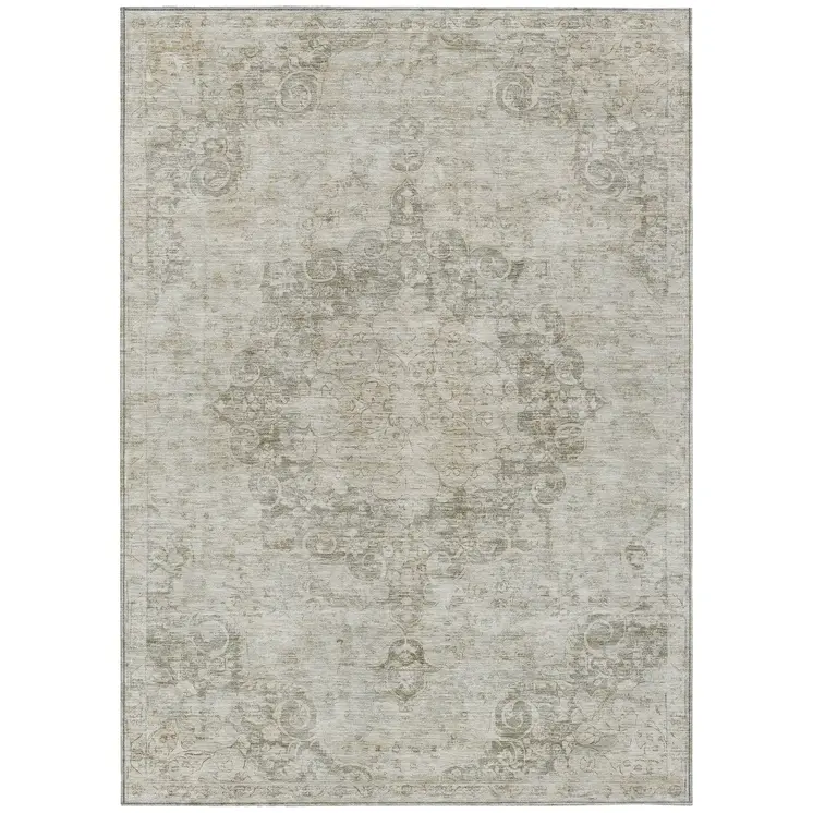 5' X 8' Ivory Floral Medallion Washable Indoor Outdoor Area Rug