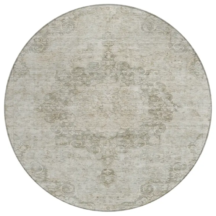 8' Ivory Round Floral Medallion Washable Indoor Outdoor Area Rug