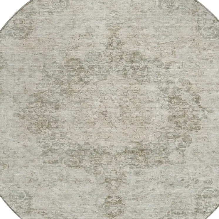 8' Ivory Round Floral Medallion Washable Indoor Outdoor Area Rug