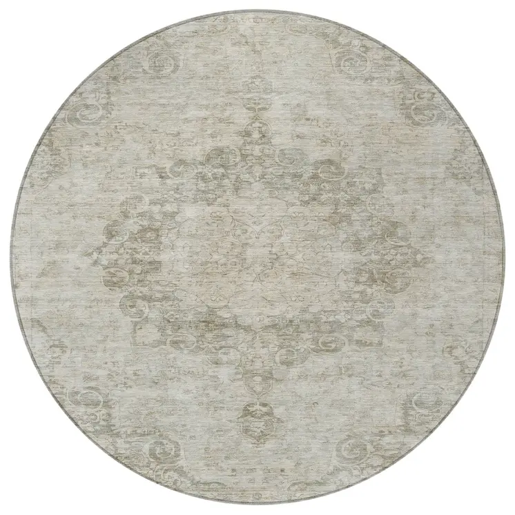 8' Ivory Round Floral Medallion Washable Indoor Outdoor Area Rug
