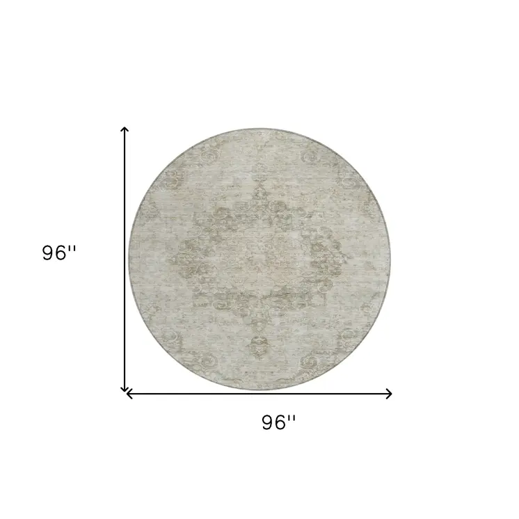 8' Ivory Round Floral Medallion Washable Indoor Outdoor Area Rug