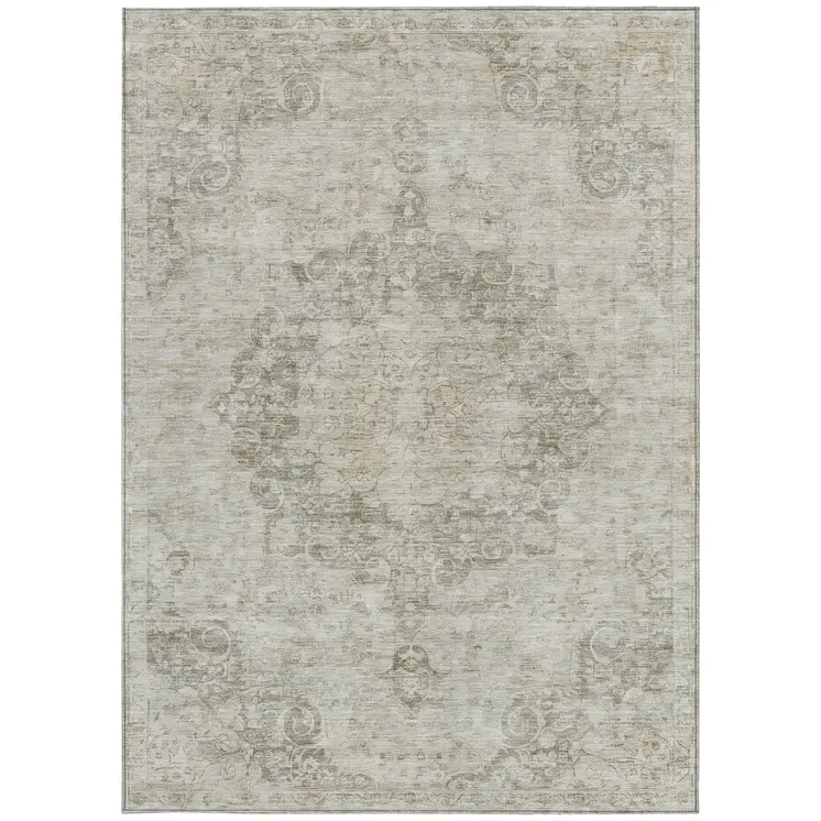 8' X 10' Ivory Floral Medallion Washable Indoor Outdoor Area Rug
