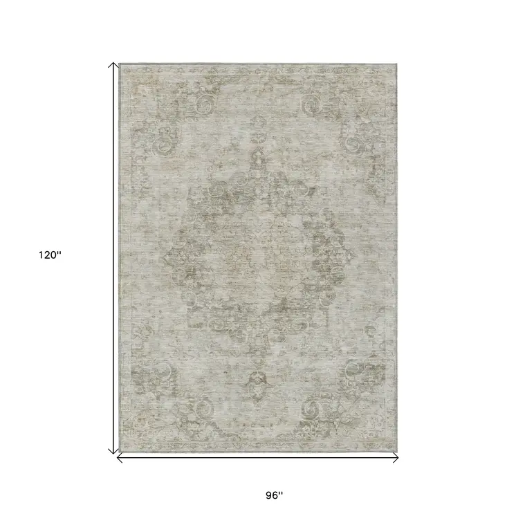 8' X 10' Ivory Floral Medallion Washable Indoor Outdoor Area Rug