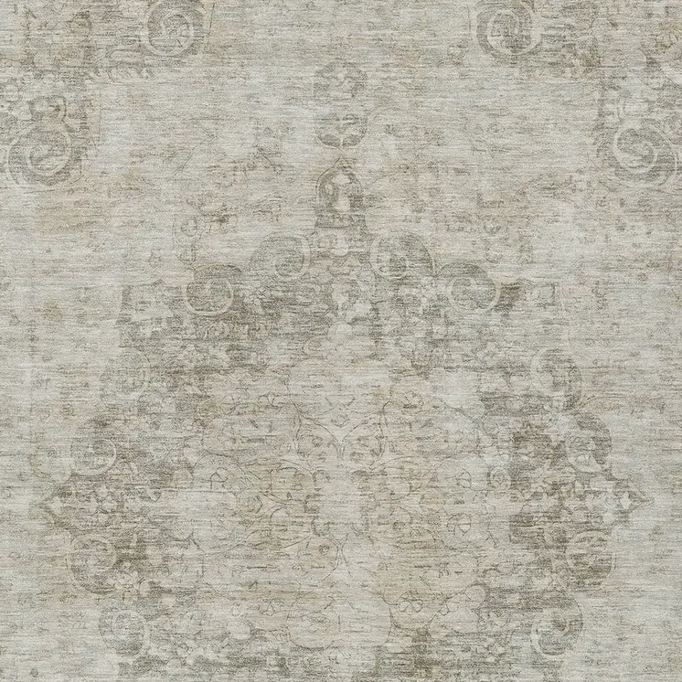 10' X 14' Ivory Floral Medallion Washable Indoor Outdoor Area Rug