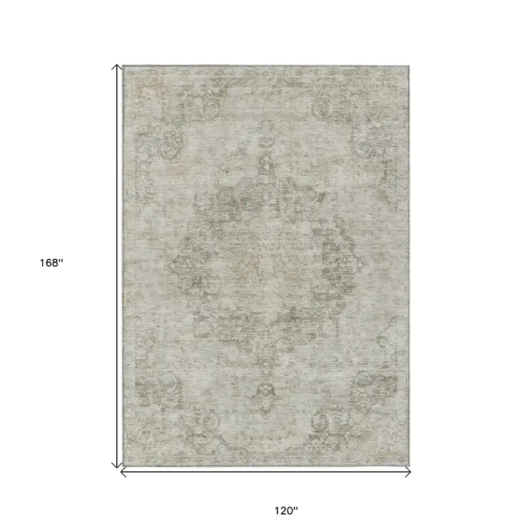 10' X 14' Ivory Floral Medallion Washable Indoor Outdoor Area Rug